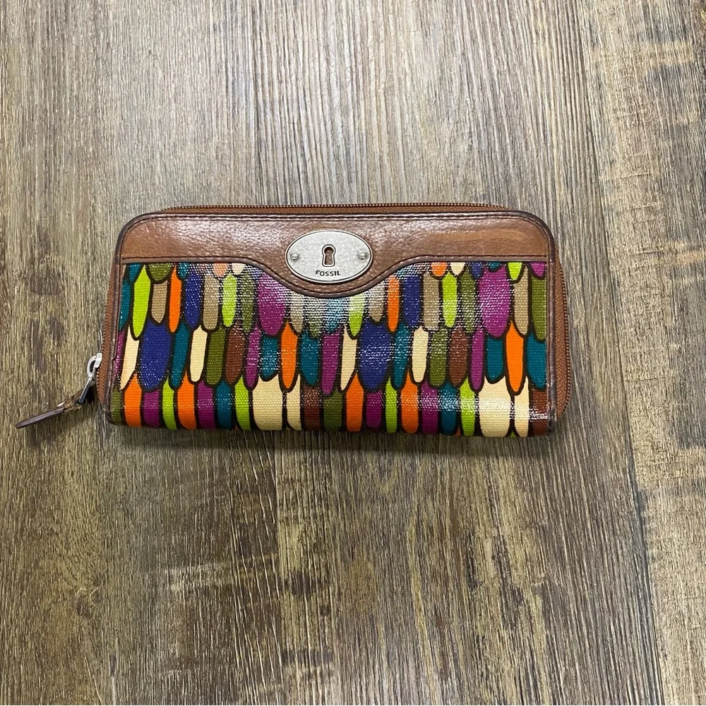 Fossil Colorful Feather Pattern Zip Around Wallet Card Check‎ Receipt Holder